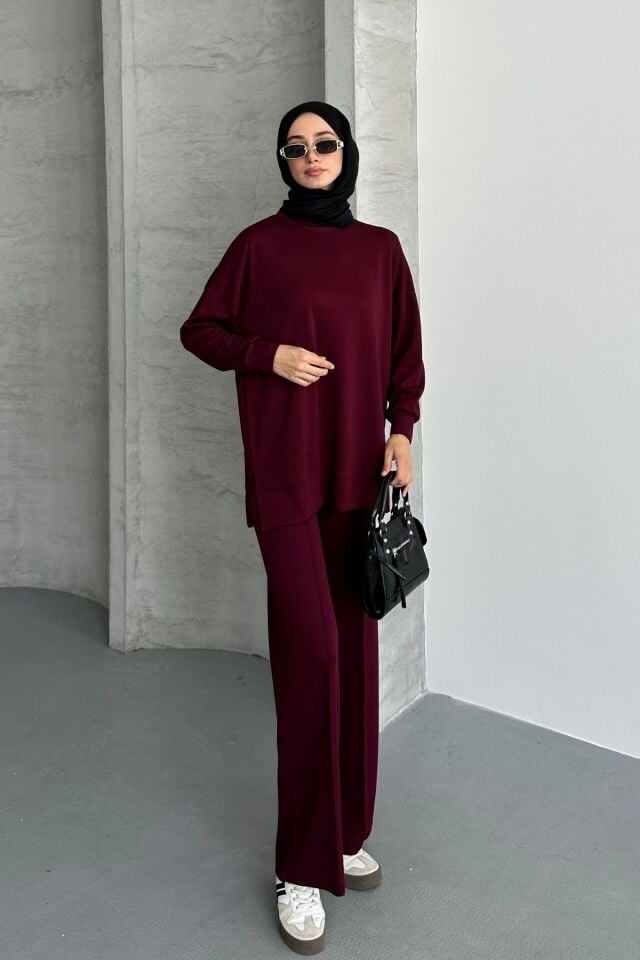 Feela Moda Kadın Oysh Modal Oversize Tesettür Tunik Takım 2020 L - Bordo