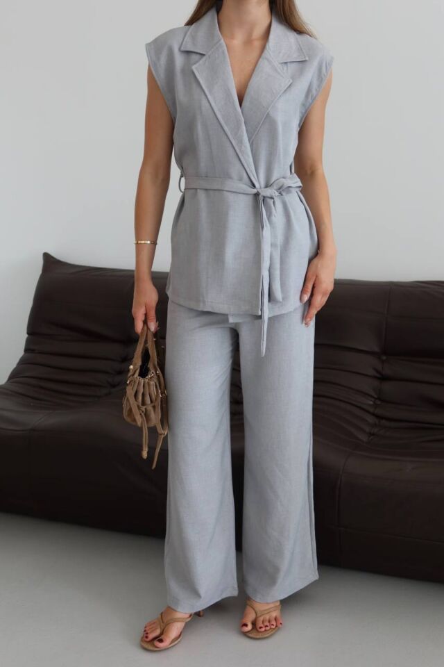 Balenbi Kadın Kuşaklı Yelek Palazzo Keten Karışımlı Dokuma Takım 1097 S - Gri