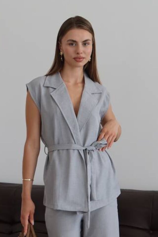 Balenbi Kadın Kuşaklı Yelek Palazzo Keten Karışımlı Dokuma Takım 1097 S - Gri