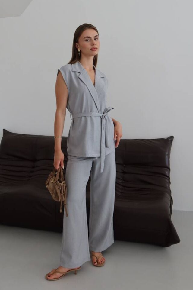 Balenbi Kadın Kuşaklı Yelek Palazzo Keten Karışımlı Dokuma Takım 1097 S - Gri