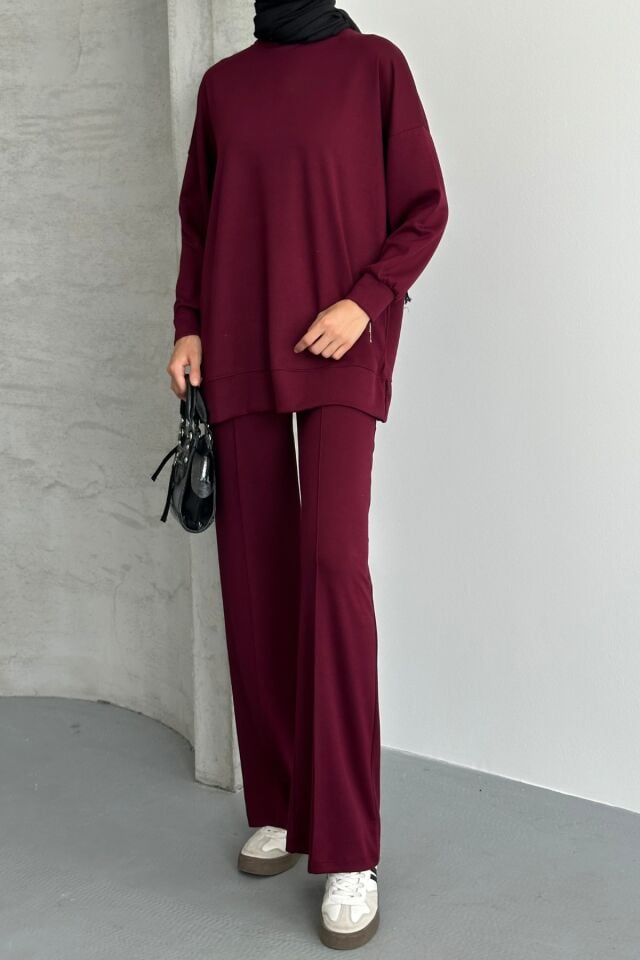 Feela Moda Kadın Modal Penye Oversize Tesettür Tunik Takım 2020 Bordo - 2XL