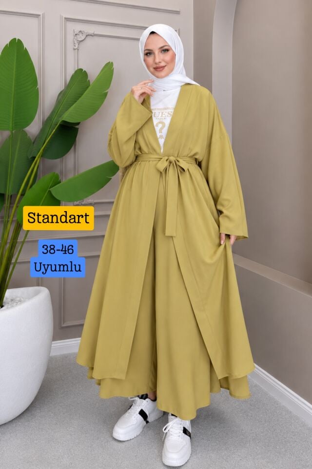 Balenbi Kadın Kuşaklı Kimono Hırka Bol Paça Pantolon Takım Tesettür 2'li Kombin 1230 Oliv - Standart