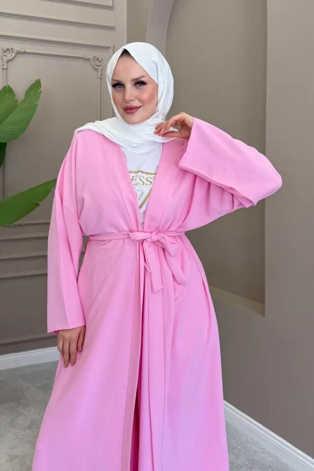 Balenbi Kadın Kuşaklı Kimono Hırka Bol Paça Pantolon Takım Tesettür 2'li Kombin 1230 Pembe - Standart