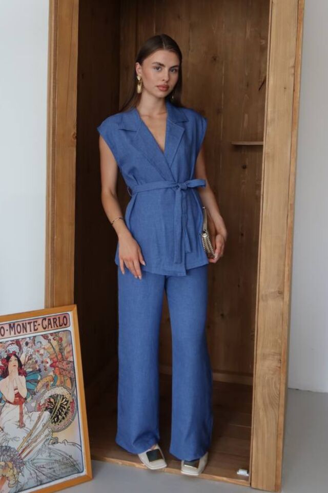 Balenbi Kadın Kuşaklı Yelek Palazzo Keten Karışımlı Dokuma Takım 1097 S - Mavi