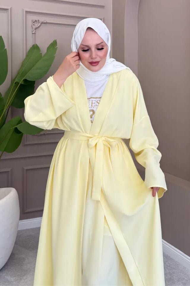 Balenbi Kadın Kuşaklı Kimono Hırka Bol Paça Pantolon Takım Tesettür 2'li Kombin 1230 Sarı - Standart