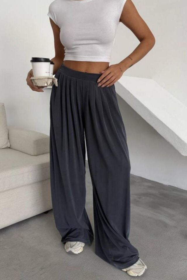 Feela Moda Premium Modal Kumaş Pileli Şalvar Kadın Pantolon 2012 36 - Antrasit