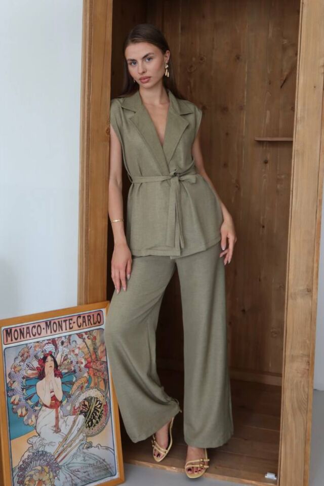 Balenbi Kadın Kuşaklı Yelek Palazzo Keten Karışımlı Dokuma Takım 1097 S - Yeşil