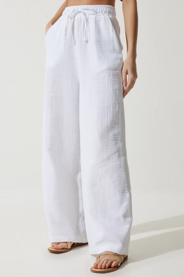 Balenbi Kadın Hafif Transparan Beli Lastikli Palazzo Müslin Pantolon 1096 36 - Beyaz