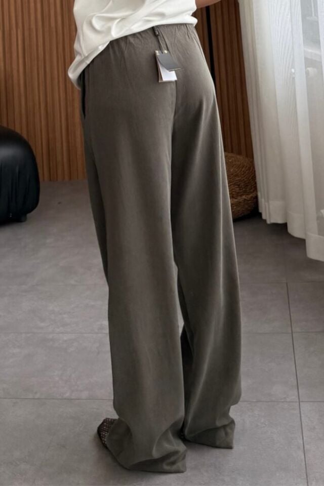 Feela Moda 2008 Bağcıklı Beli Lastikli Yıkamalı Modal Dokuma Palazzo Kadın Pantolon 36 - Haki