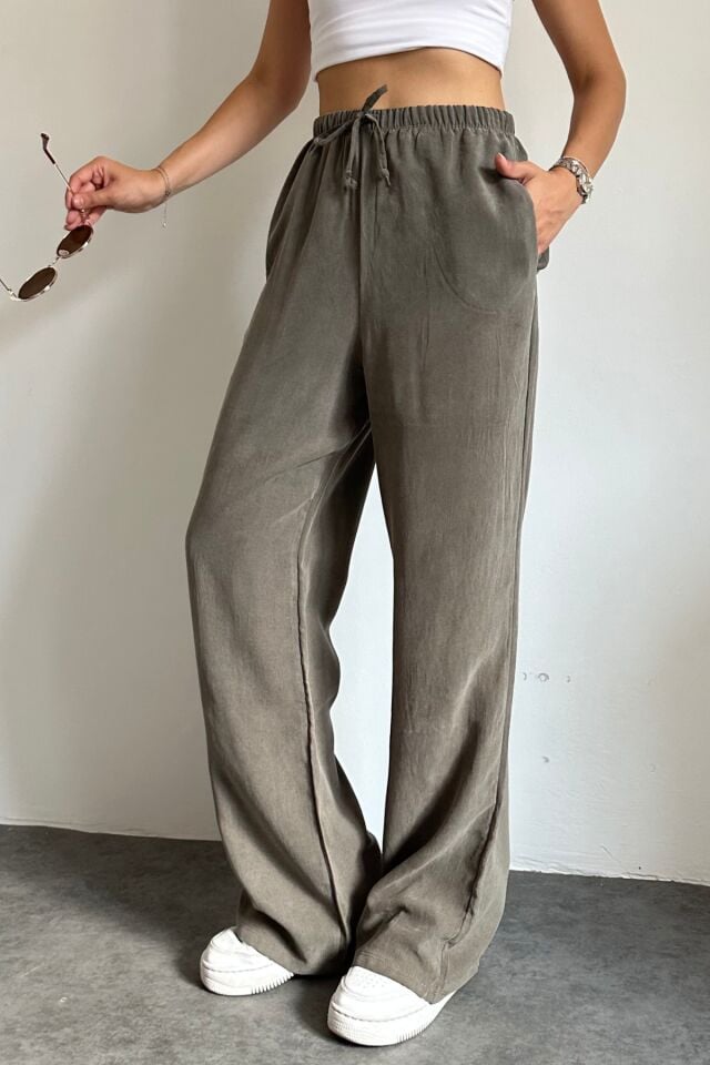 Feela Moda 2008 Bağcıklı Beli Lastikli Yıkamalı Modal Dokuma Palazzo Kadın Pantolon 36 - Haki