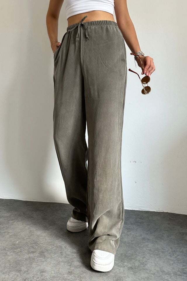 Feela Moda 2008 Bağcıklı Beli Lastikli Yıkamalı Modal Dokuma Palazzo Kadın Pantolon 36 - Haki
