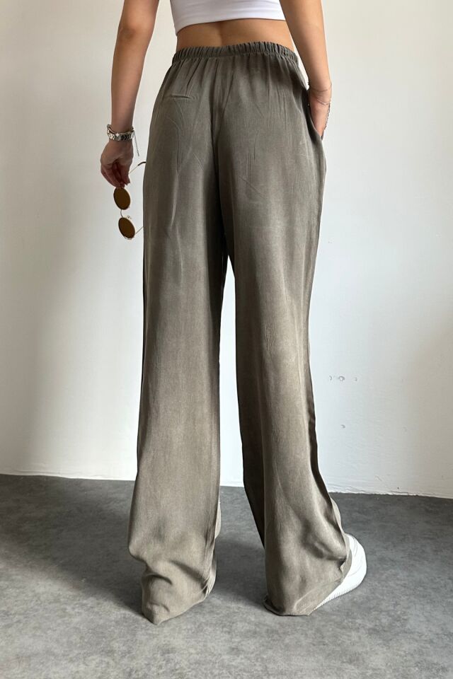 Feela Moda 2008 Bağcıklı Beli Lastikli Yıkamalı Modal Dokuma Palazzo Kadın Pantolon 36 - Haki