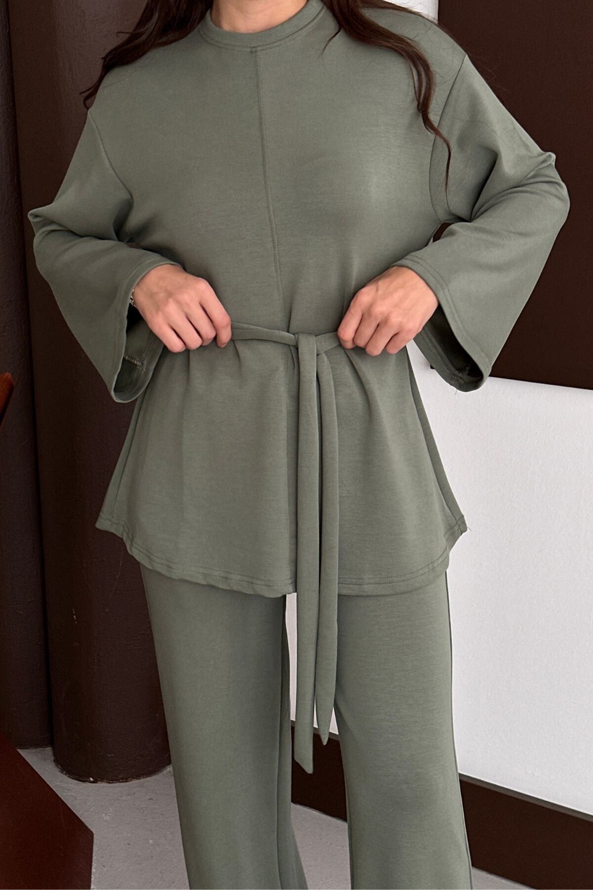 Balenbi Kadın Premium Modal Kumaş Kuşaklı Tunik Tesettür Takım 1138 S - Haki