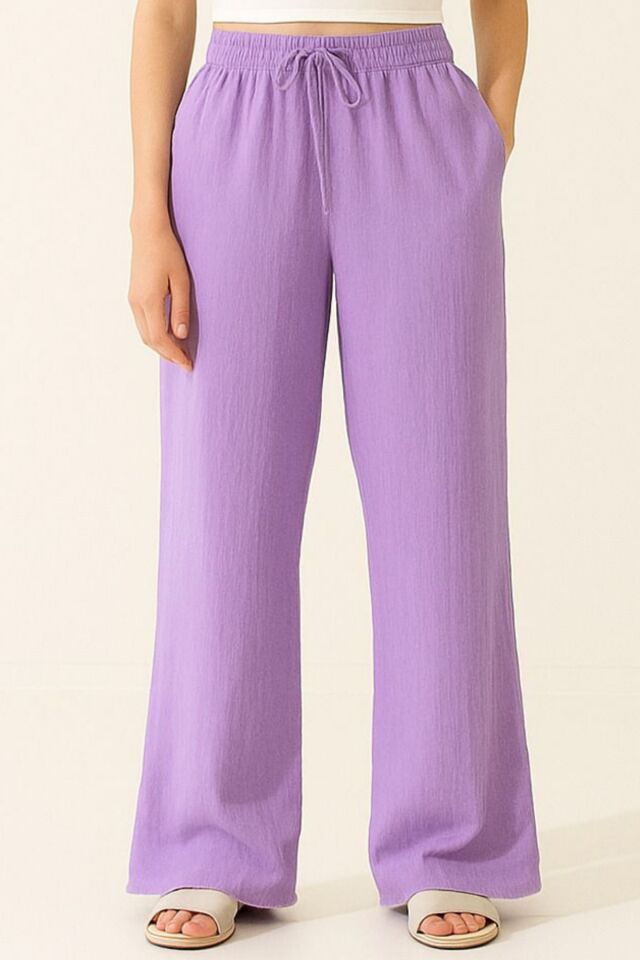 Balenbi Kadın Hafif Transparan Beli Lastikli Palazzo Müslin Pantolon 1096 36 - Lila