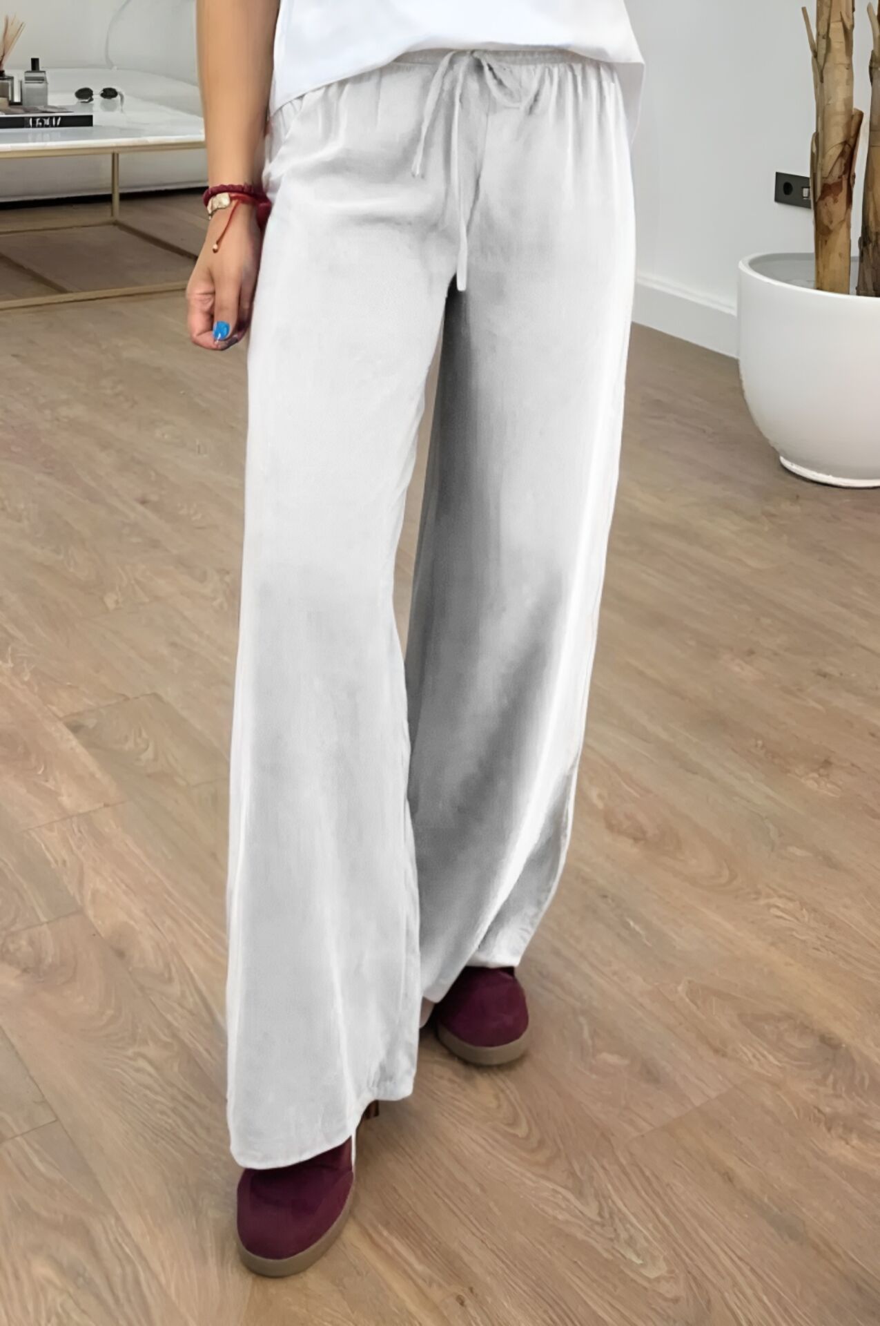 Feela Moda 2008 Bağcıklı Beli Lastikli Yıkamalı Modal Dokuma Palazzo Kadın Pantolon 38 - Ekru