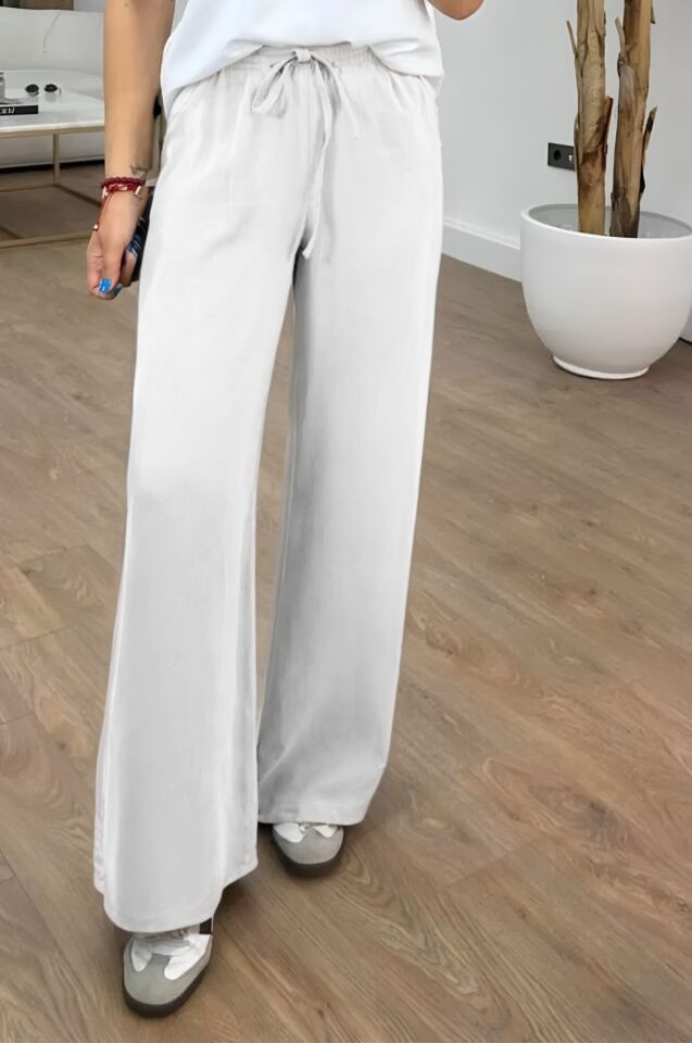 Feela Moda 2008 Bağcıklı Beli Lastikli Yıkamalı Modal Dokuma Palazzo Kadın Pantolon 38 - Ekru