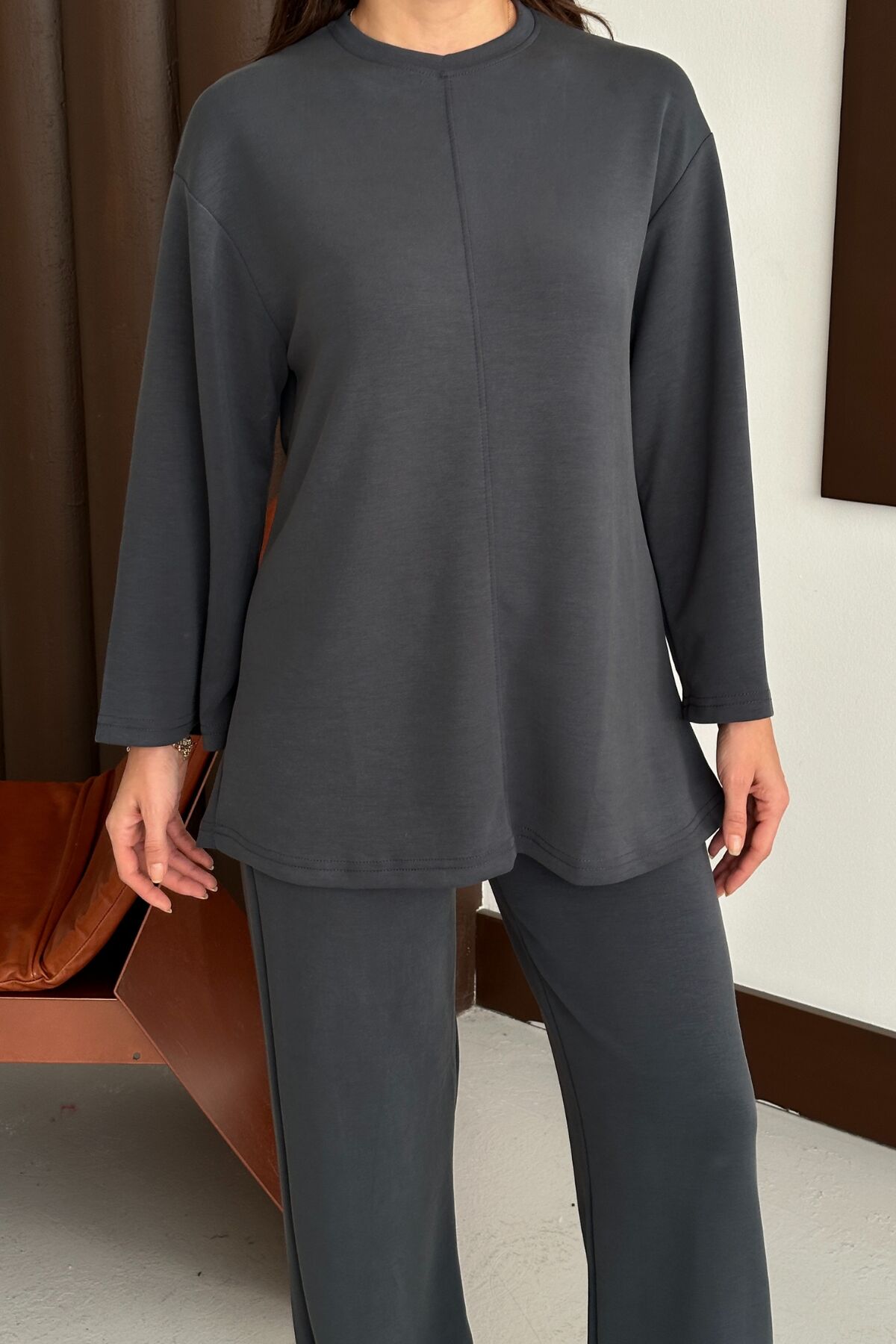 Balenbi Kadın Premium Modal Kumaş Kuşaklı Tunik Tesettür Takım 1138 XL - Antrasit