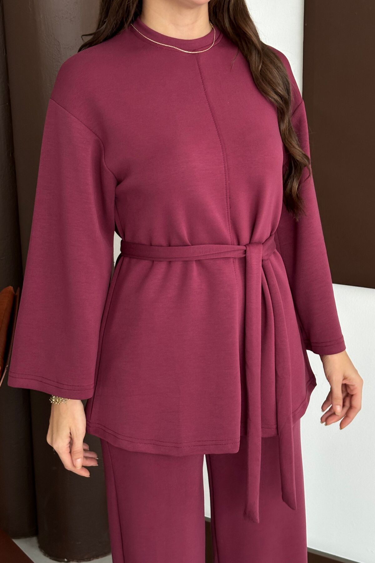 Balenbi Kadın Premium Modal Kumaş Kuşaklı Tunik Tesettür Takım 1138 XL - Bordo