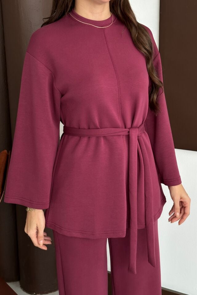 Balenbi Kadın Premium Modal Kumaş Kuşaklı Tunik Tesettür Takım 1138 Bordo - XL