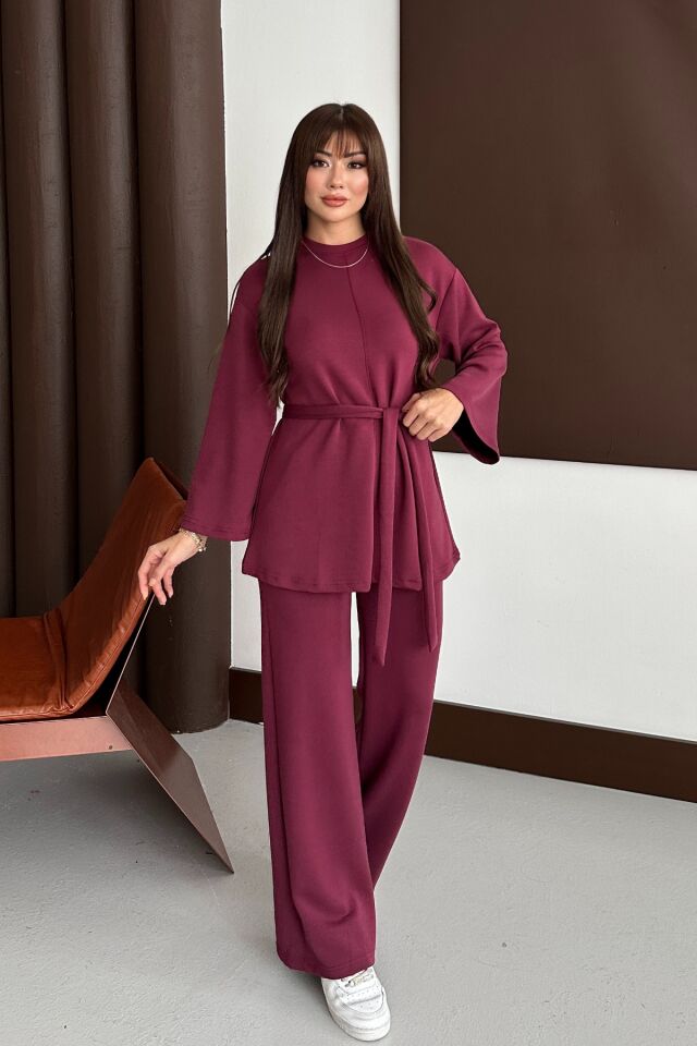 Balenbi Kadın Premium Modal Kumaş Kuşaklı Tunik Tesettür Takım 1138 XL - Bordo