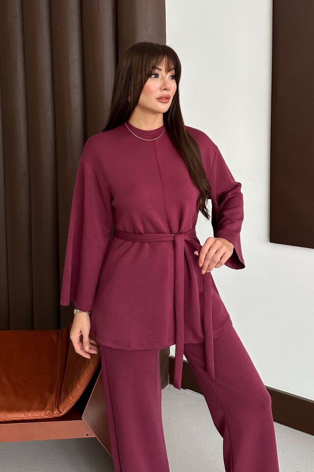 Balenbi Kadın Premium Modal Kumaş Kuşaklı Tunik Tesettür Takım 1138 XL - Bordo