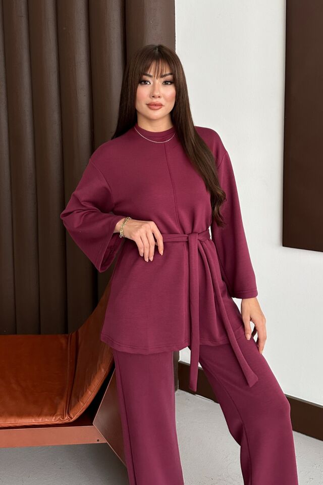 Balenbi Kadın Premium Modal Kumaş Kuşaklı Tunik Tesettür Takım 1138 XL - Bordo