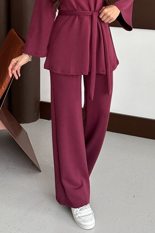 Balenbi Kadın Premium Modal Kumaş Kuşaklı Tunik Tesettür Takım 1138 Bordo - XL