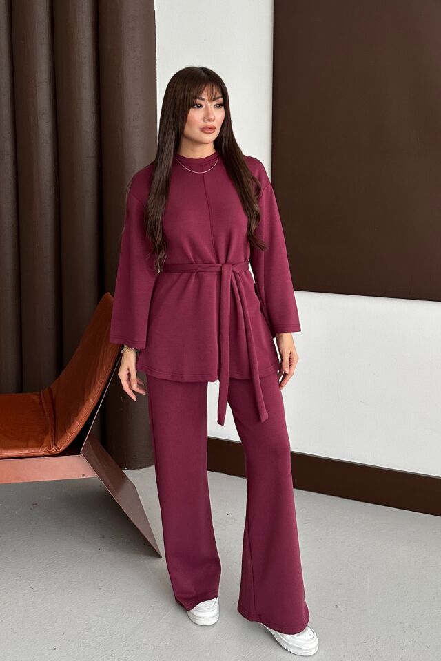 Balenbi Kadın Premium Modal Kumaş Kuşaklı Tunik Tesettür Takım 1138 XL - Bordo