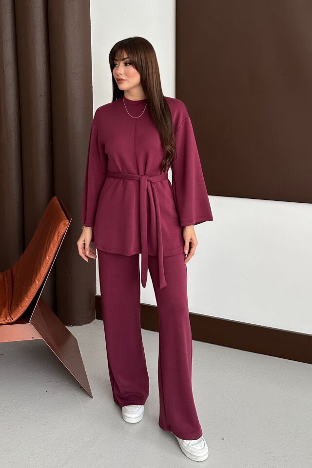 Balenbi Kadın Premium Modal Kumaş Kuşaklı Tunik Tesettür Takım 1138 XL - Bordo
