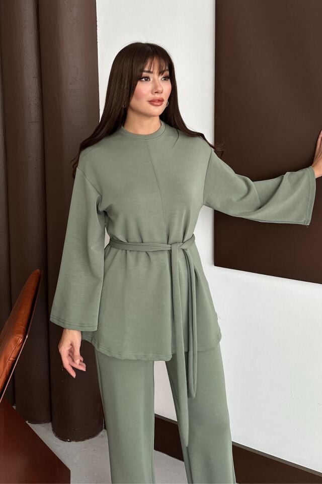 Balenbi Kadın Premium Modal Kumaş Kuşaklı Tunik Tesettür Takım 1138 Haki - XL