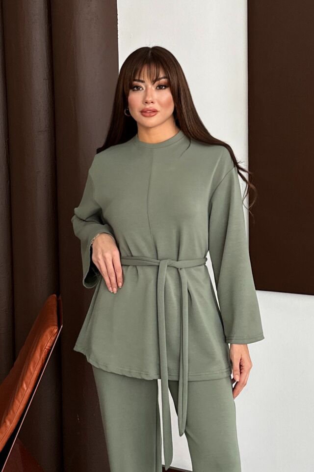 Balenbi Kadın Premium Modal Kumaş Kuşaklı Tunik Tesettür Takım 1138 XL - Haki