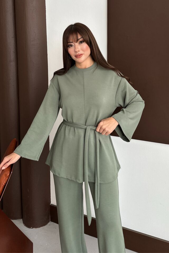 Balenbi Kadın Premium Modal Kumaş Kuşaklı Tunik Tesettür Takım 1138 XL - Haki