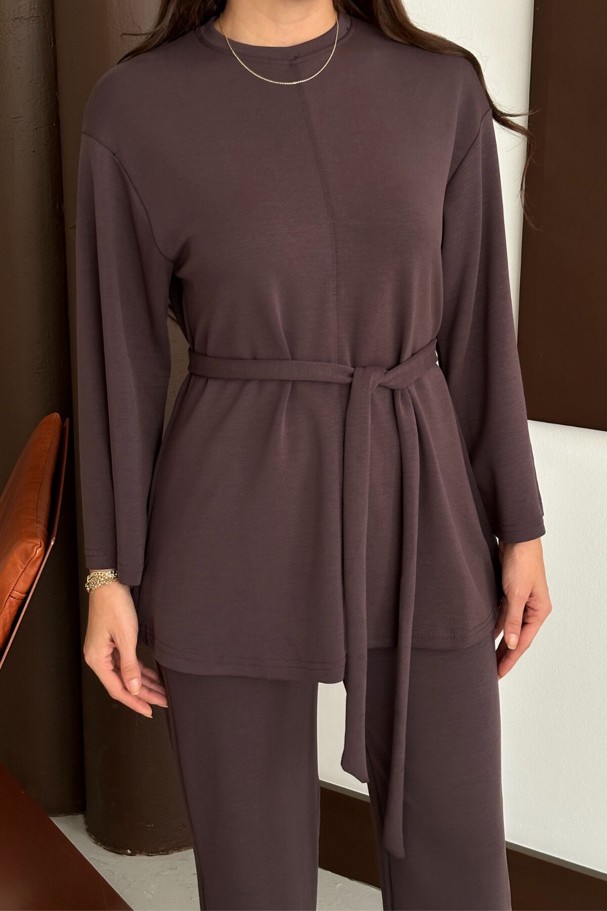 Balenbi Kadın Premium Modal Kumaş Kuşaklı Tunik Tesettür Takım 1138 XL - Kahverengi