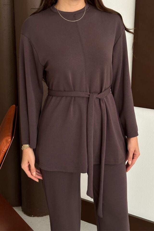 Balenbi Kadın Premium Modal Kumaş Kuşaklı Tunik Tesettür Takım 1138 Kahverengi - XL