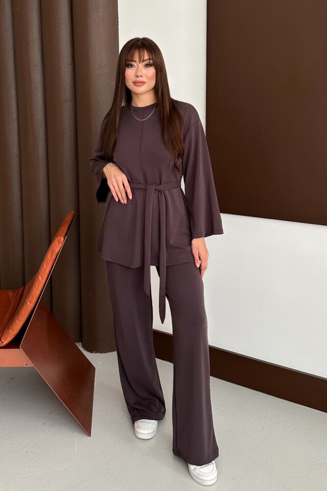 Balenbi Kadın Premium Modal Kumaş Kuşaklı Tunik Tesettür Takım 1138 XL - Kahverengi