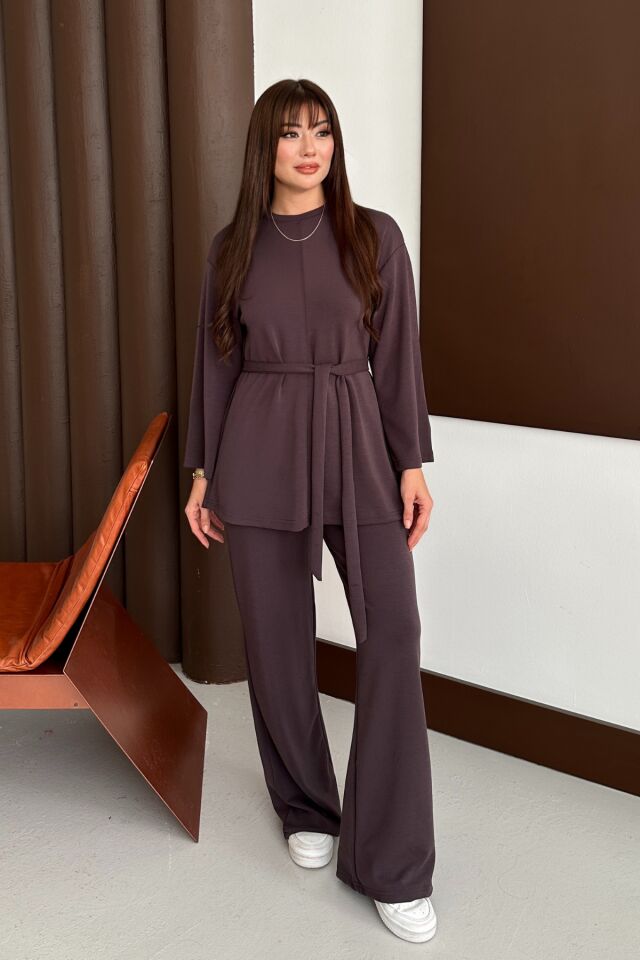 Balenbi Kadın Premium Modal Kumaş Kuşaklı Tunik Tesettür Takım 1138 XL - Kahverengi