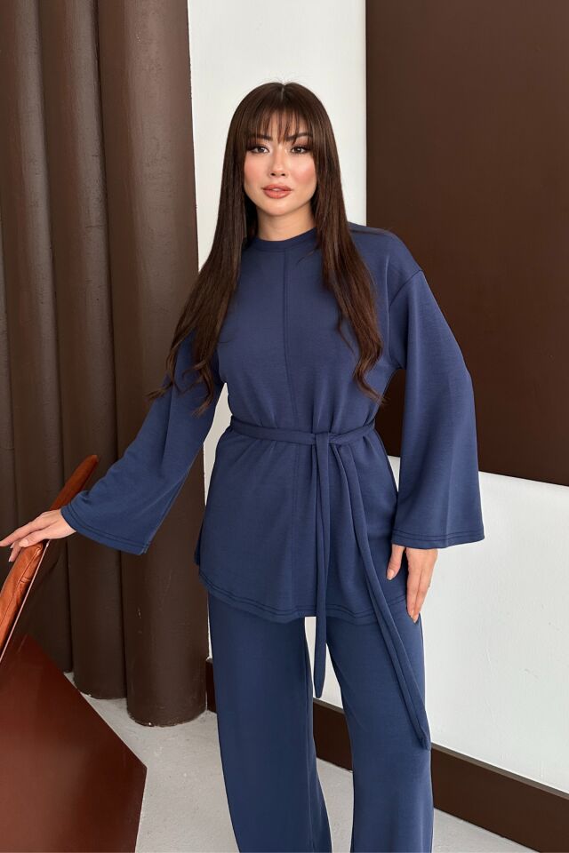 Balenbi Kadın Premium Modal Kumaş Kuşaklı Tunik Tesettür Takım 1138 XL - Lacivert