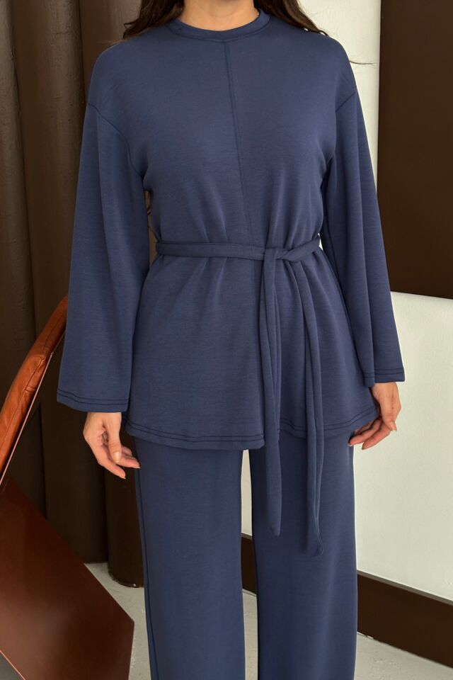 Balenbi Kadın Premium Modal Kumaş Kuşaklı Tunik Tesettür Takım 1138 Lacivert - XL