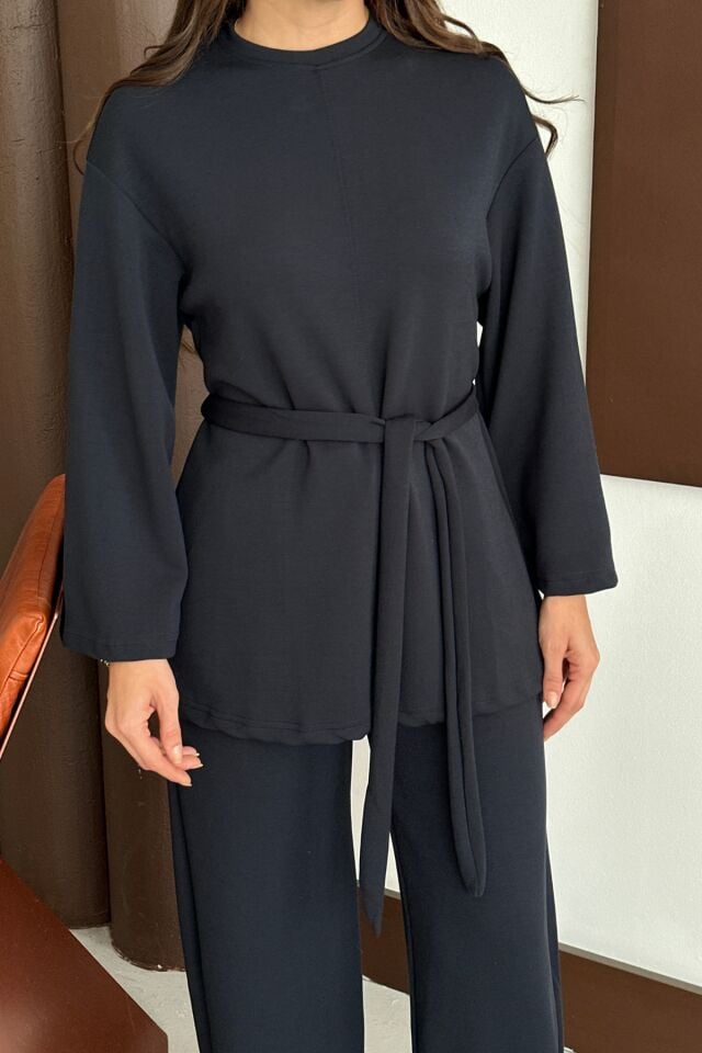 Balenbi Kadın Premium Modal Kumaş Kuşaklı Tunik Tesettür Takım 1138 Siyah - XL