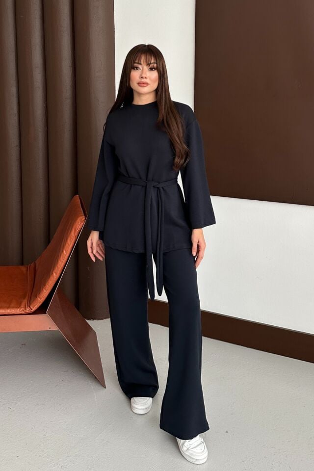 Balenbi Kadın Premium Modal Kumaş Kuşaklı Tunik Tesettür Takım 1138 Siyah - XL