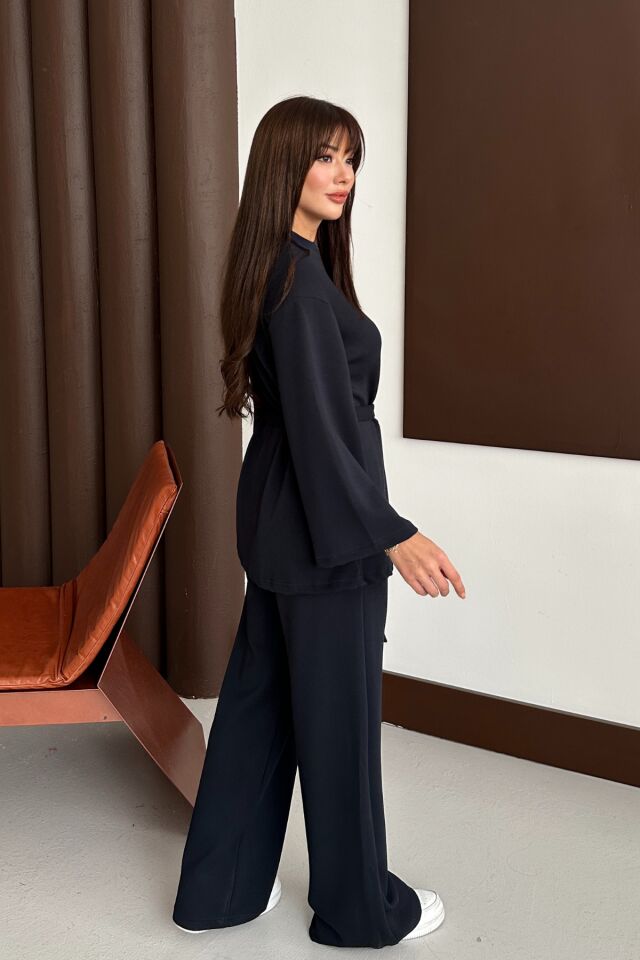 Balenbi Kadın Premium Modal Kumaş Kuşaklı Tunik Tesettür Takım 1138 XL - Siyah